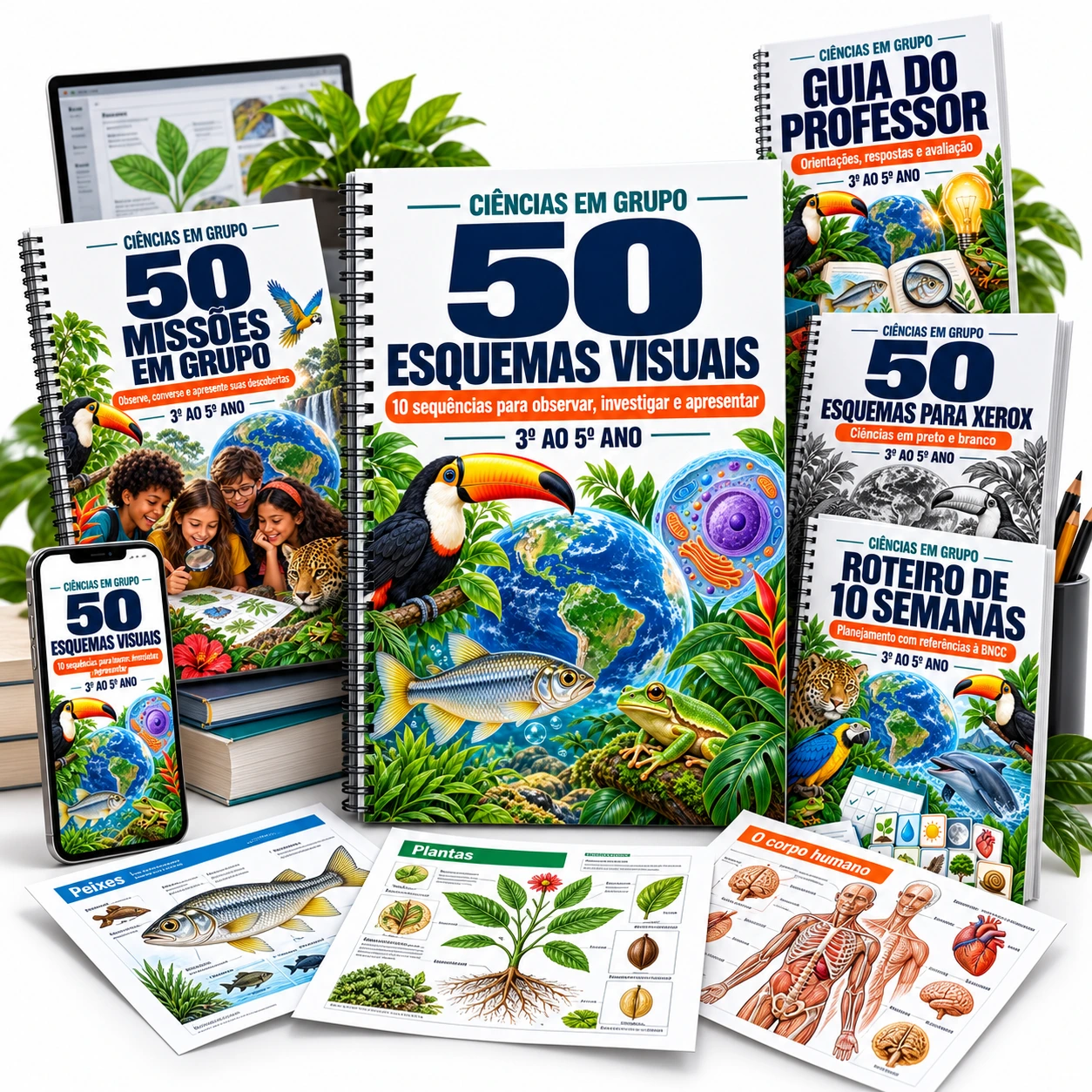 Kit Ciências em Grupo: 50 esquemas visuais, folhas impressas, notebook, celular e materiais de apoio